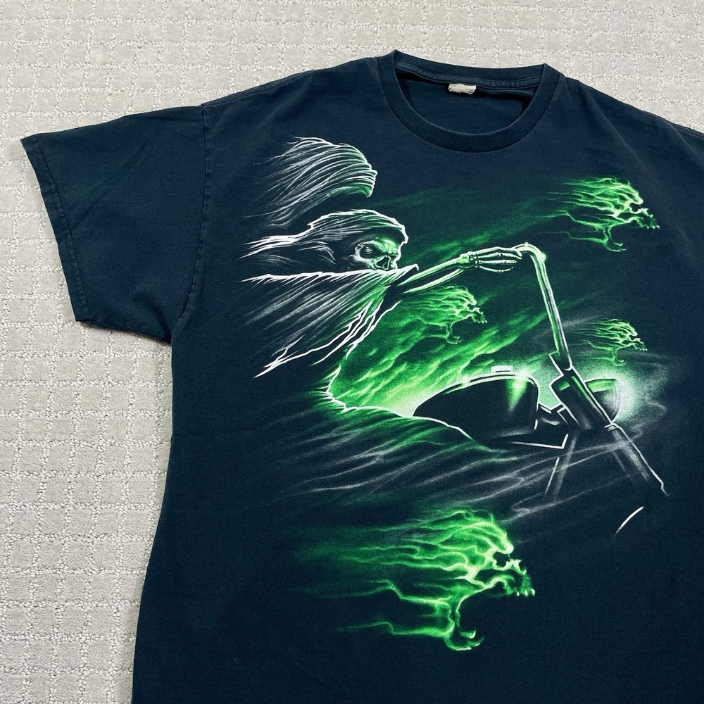 VTG Green Ghost Rider Motorcycle Size XL Skeleton‎ Skull Goth Biker Y2K Tshirt